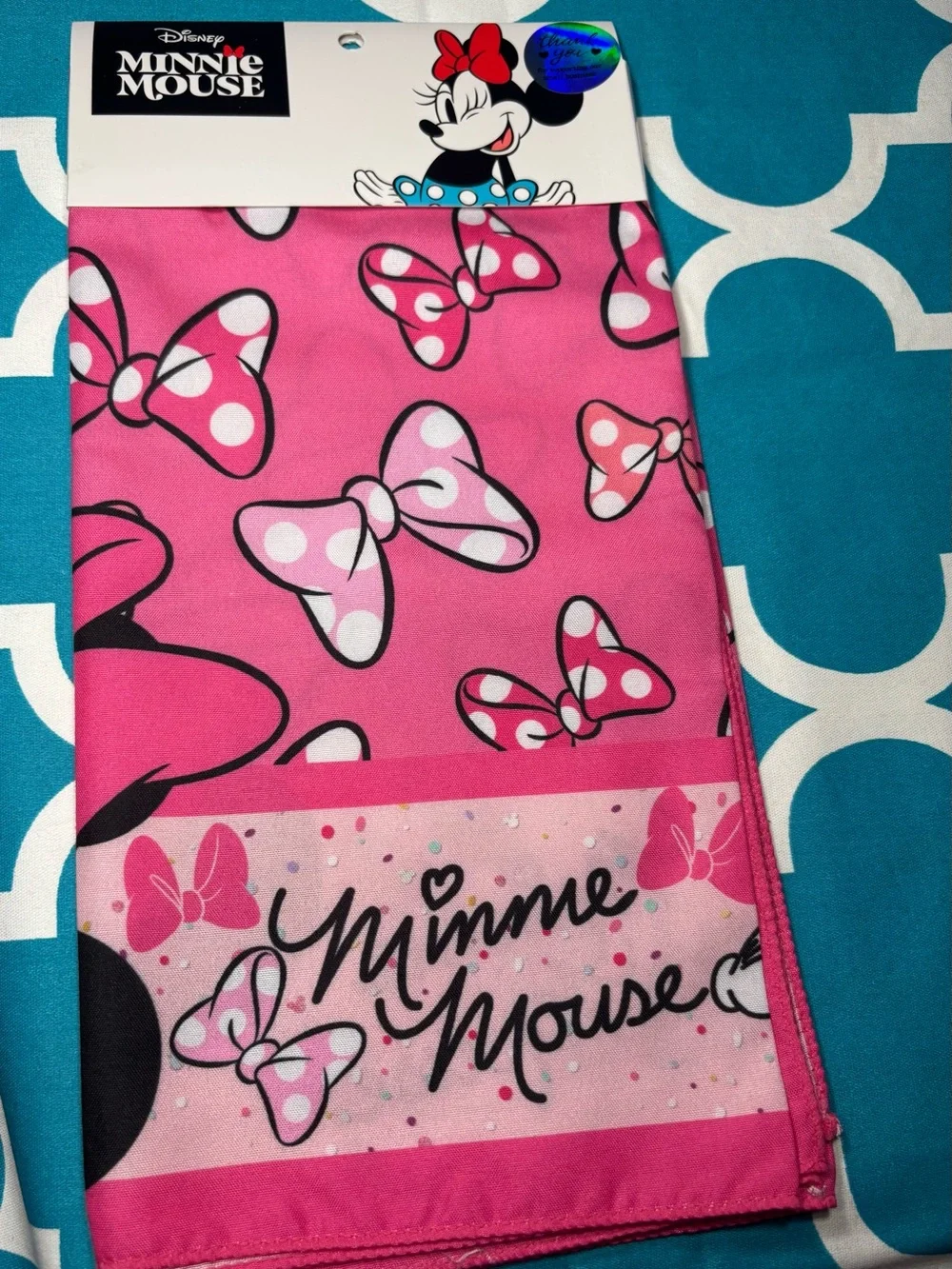 New Disney Minnie Mouse Pink Polka Dot Bow Scarf 21” x 21”